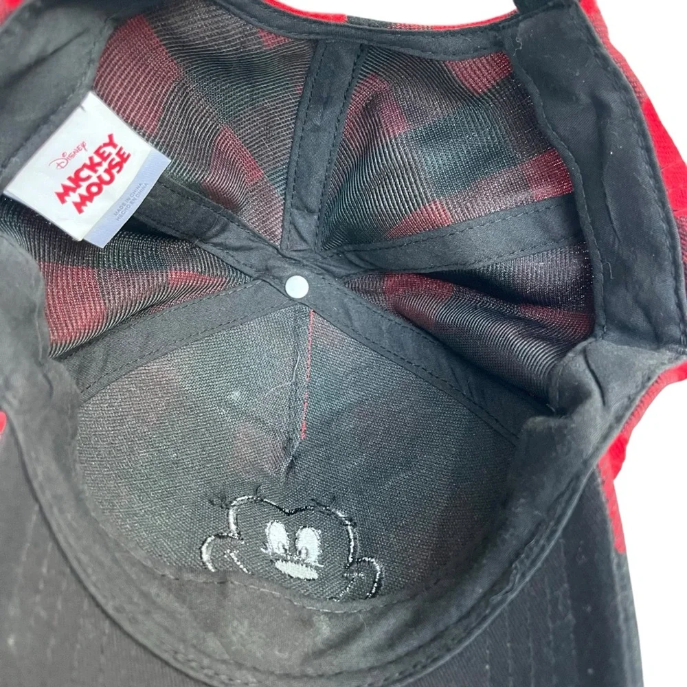Disney Mickey Mouse Kid One Size Red Black Buffalo Plaid Adjustable Baseball Hat